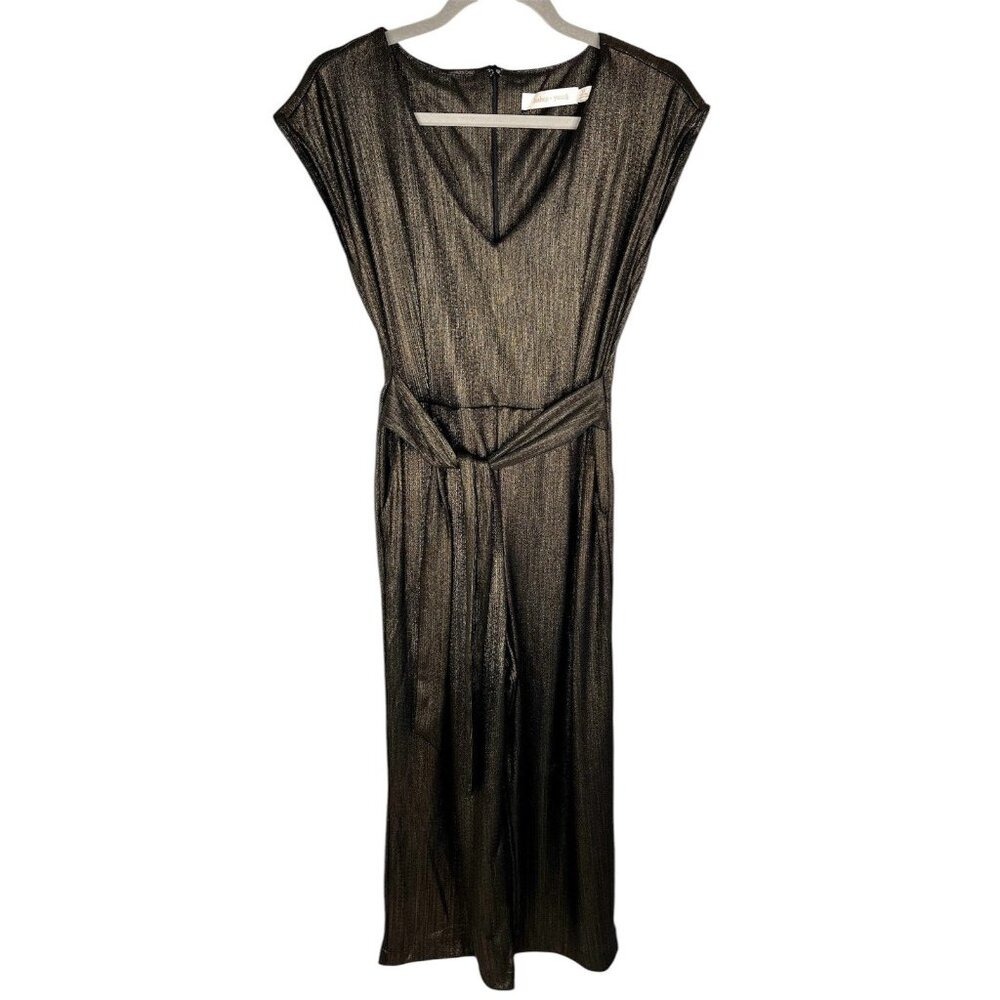 BISHOP + YOUNG Women's Black Gold Metallic Sleeveless Belted Crop Jumpsuit XS